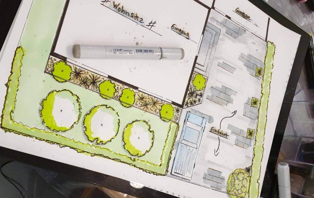 Planungsskizze für einen Garten vor einem Wohnhaus